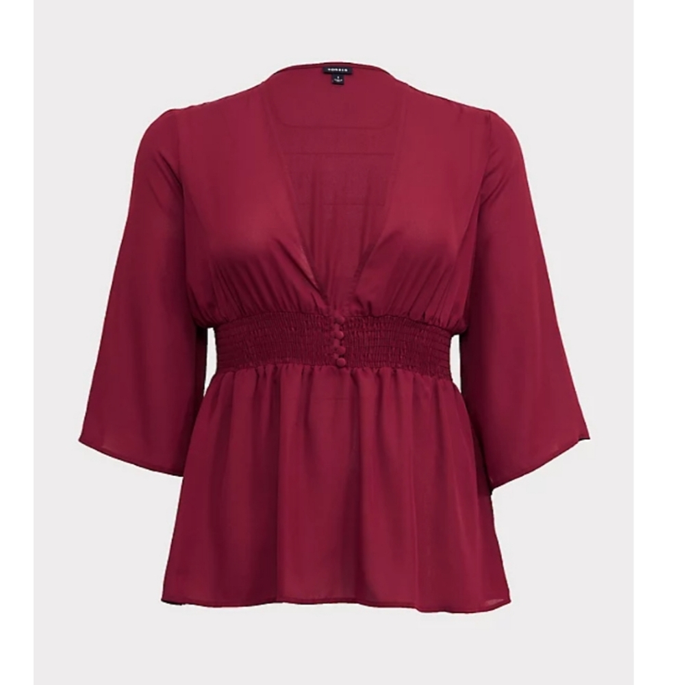 BUTTON FRONT SMOCKED BABYDOLL BLOUSE